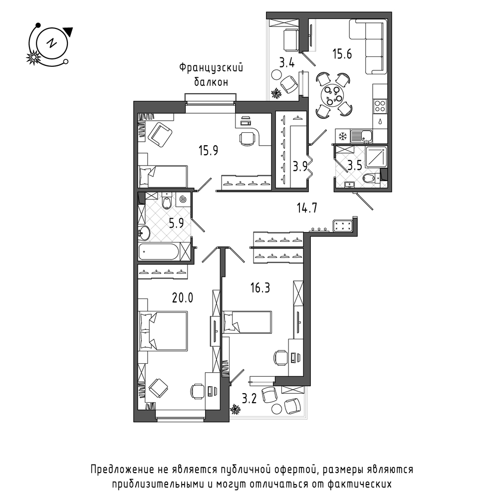 планировка трехкомнатной квартиры в Квартал Che №583