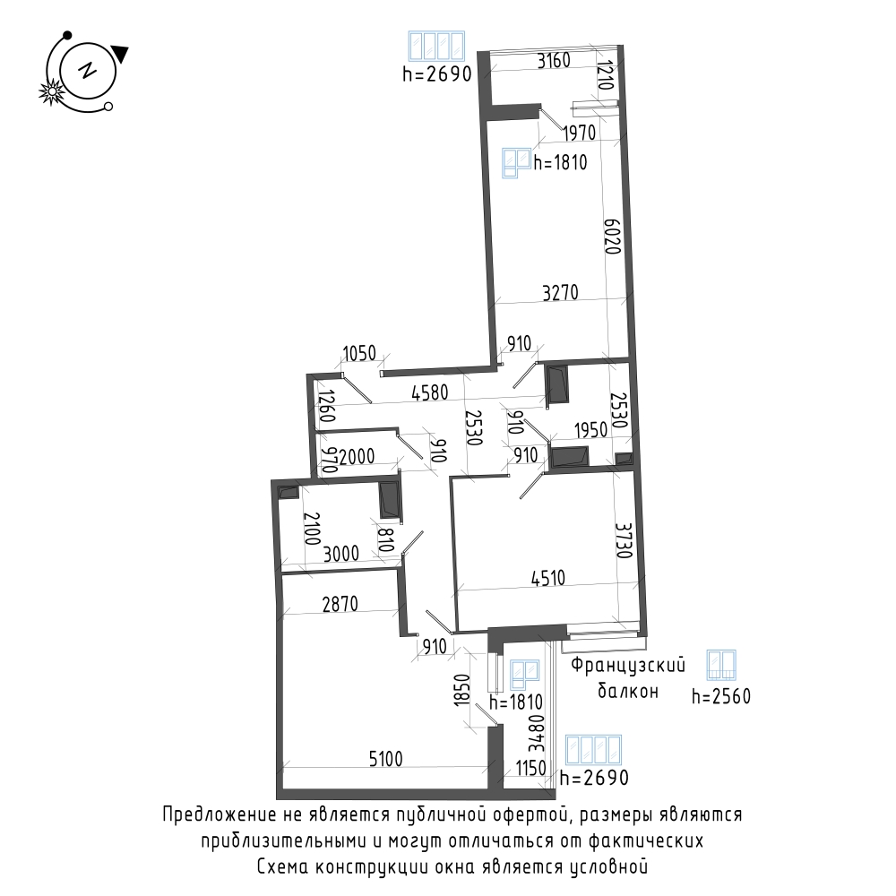планировка двухкомнатной квартиры в Квартал Che №12