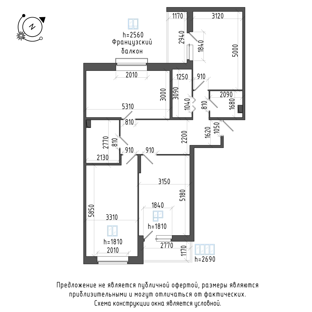 планировка трехкомнатной квартиры в Квартал Che №583